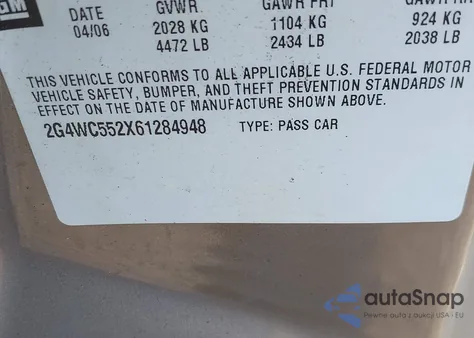 2006 Buick Lacrosse Cx z USA, uszkodzony, nr VIN 2G4WC552X61284948